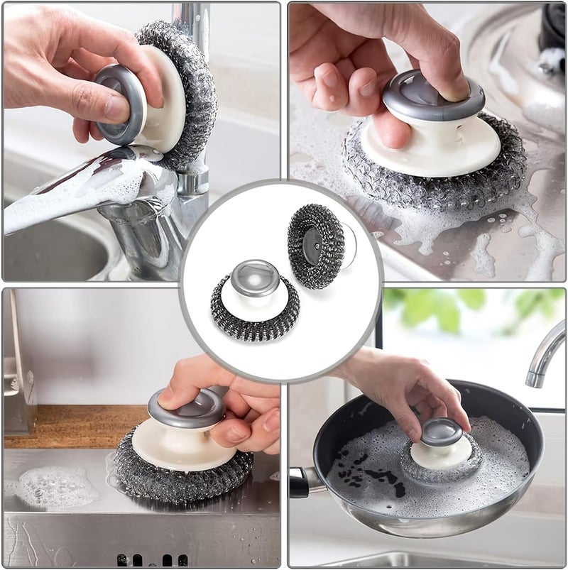 BLIGKO 2Pcs Stainless Steel Scrubber with Handle, Steel Wool Scrubber Tool for Cleaning Dishes, Scrubbing Scouring Brush Pad for Kitchen Pots, Pans, Sink - Image 4